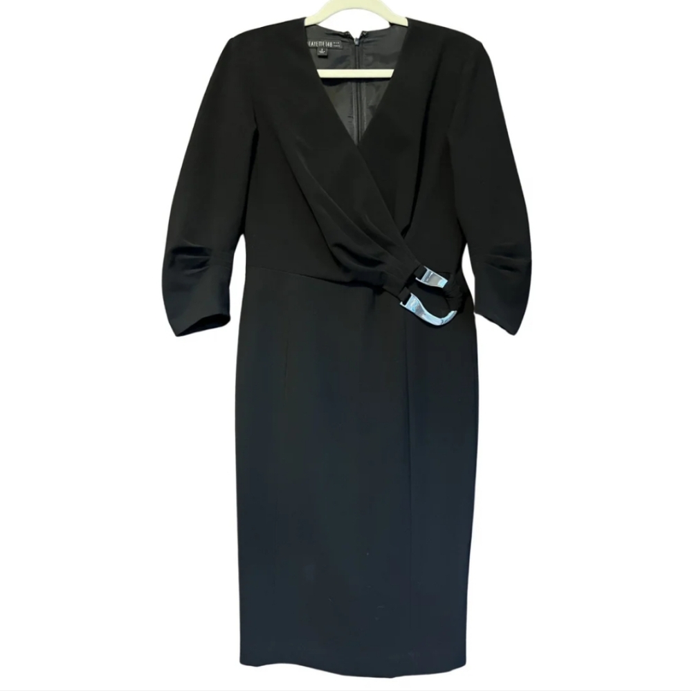 Lafayette 148 Black and Silver Wrap Style Sheath Dress Size 10